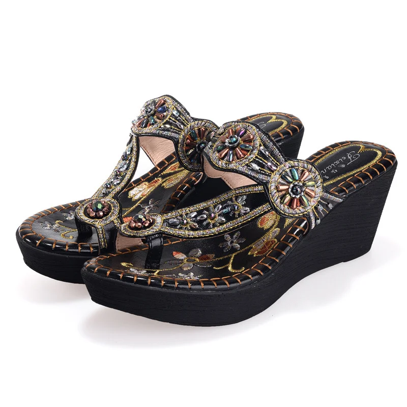 Boho/женские летние шлепанцы со стразами и кристаллами Вьетнамки с вышивкой