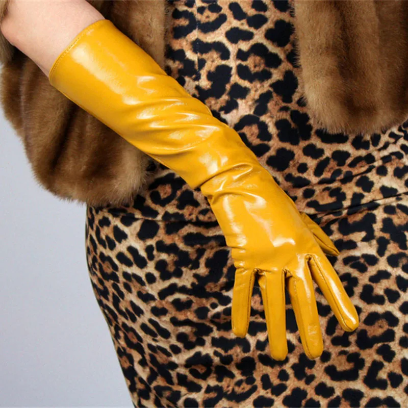 leather turmeric Женские лакированные кожаные перчатки длинные ПУ имитация кожи Яркие Кожаные зеркальные Модные женские модели 40 см TB77 - Цвет: leather turmeric