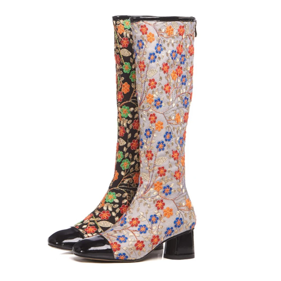 

Olomm Women Autumn Knee High Floral Boots Square High Heel Boots Fashion Square Toe Black White Party Shoes Women US Size 3-10