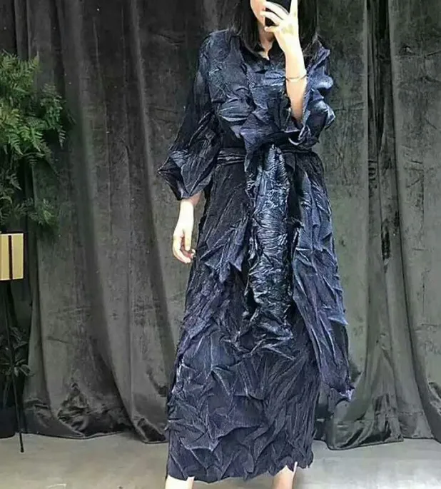 Miyake fold осенний комплект из двух предметов, плиссированная ветровка с длинными рукавами+ большое свободное платье с короткими рукавами - Цвет: Тёмно-синий