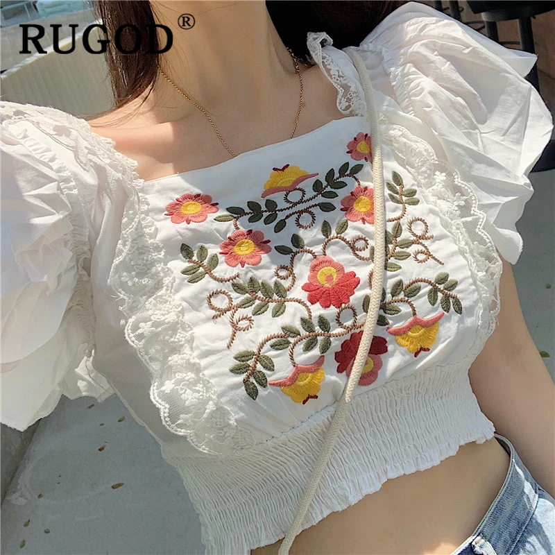 RUGOD шик вышивка короткая белая блузка Женская мода свитер с рукавами-клеш Топы