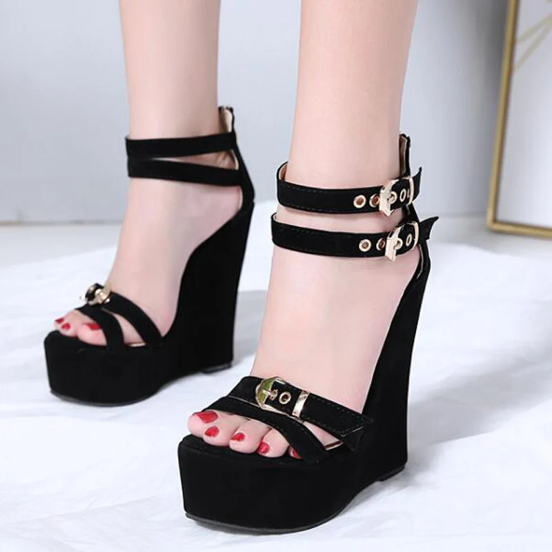 Клинообразные летние сандалии-лодочки с ремешками на лодыжках черные босоножки