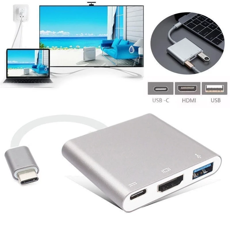

Концентратор 3 в 1 USB Type-C HDMI 4K, адаптер USB-C на конвертер с портами USB 3,0 и 3,1 для зарядки Retina MacBook