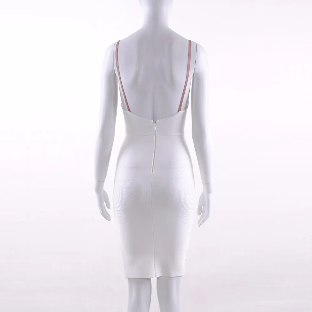 

White v neck Spaghetti Strap backless cut out Bandage 2019 New Women Sleeveless Vestidos Celebrity evening Party bodycon dress