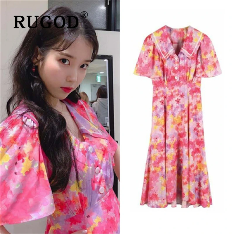 Женское платье с принтом RUGOD корейские вечерние платья воротником Питер Пэн