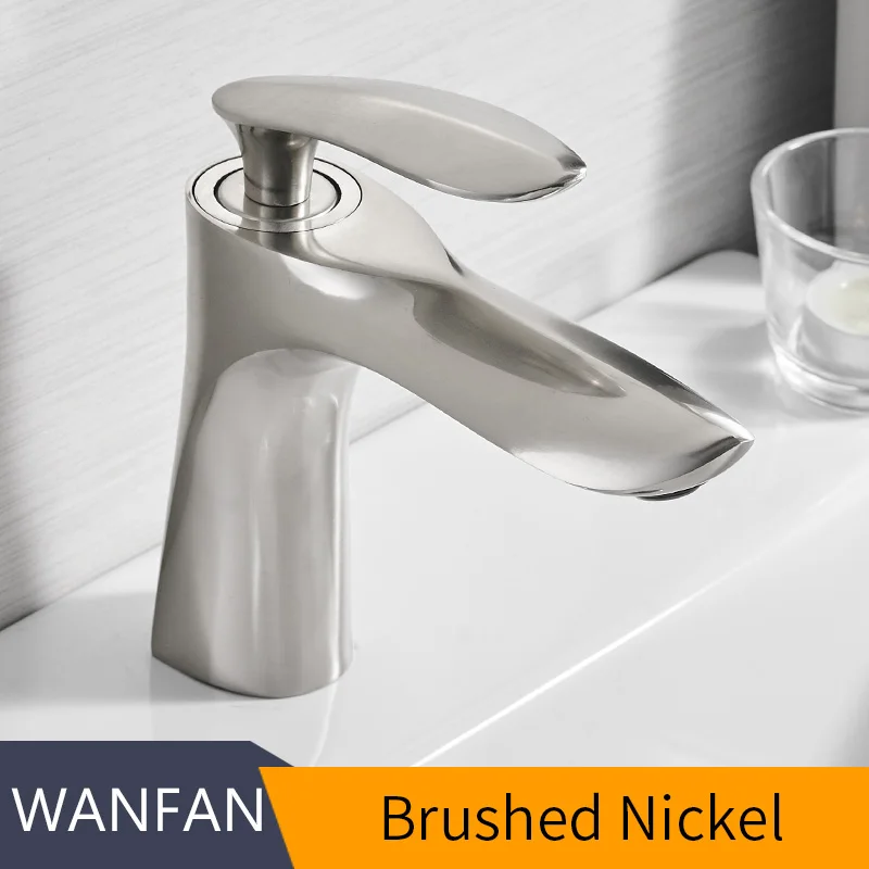 Brushed Nickel Смеситель для раковины, элегантный кран для ванной комнаты, кран для горячей и холодной воды, смеситель для раковины, хромированная отделка, латунный кран для туалетной раковины, кран для воды, золото, 220р - Цвет: Brushed Nickel