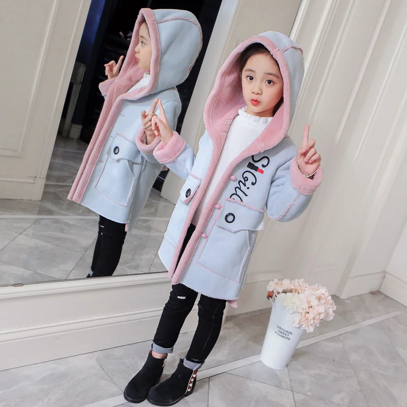 Light blue Новинка года; куртка с капюшоном для маленьких девочек; пальто; сезон осень-зима; детская ветровка; утепленная флисовая бархатная верхняя одежда; детская одежда - Цвет: Light blue
