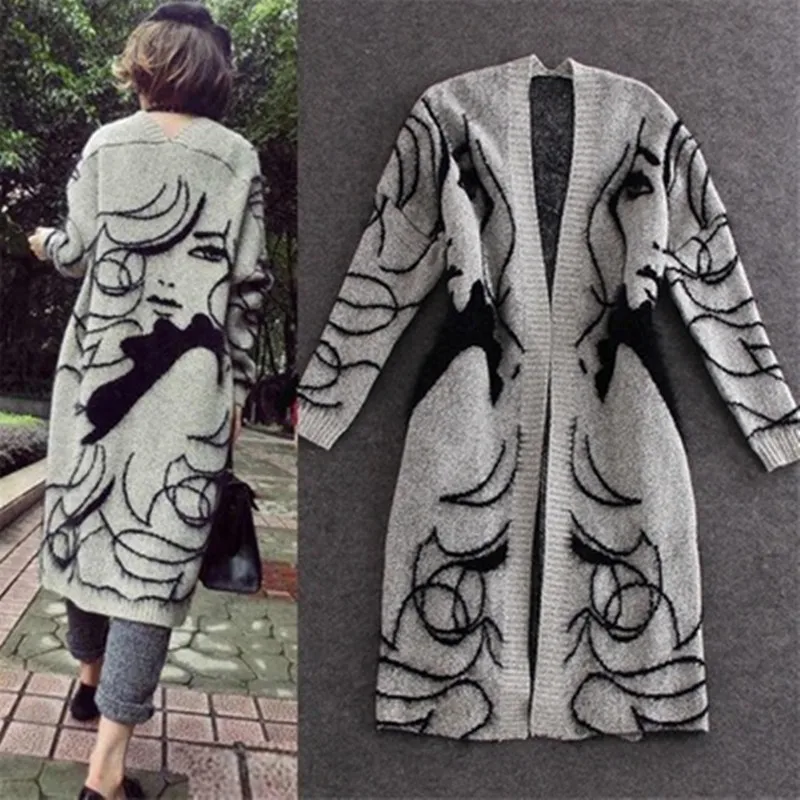 Autumn Winter Gray Long Thick Cardigans Sweater Women Fashion Beauty Avatar Pattern Loose Bat Sleeve |