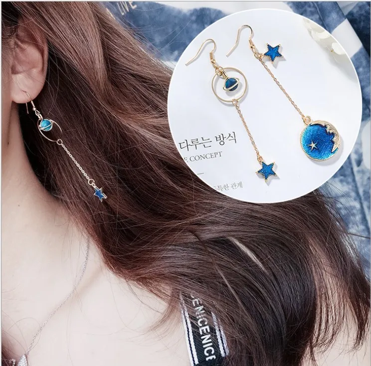 style-9 Японская и корейская мода голубая космическая Вселенная Звезда Луна Серьги планета асимметричные серьги женская серьга рождественские подарки - Окраска металла: style-9
