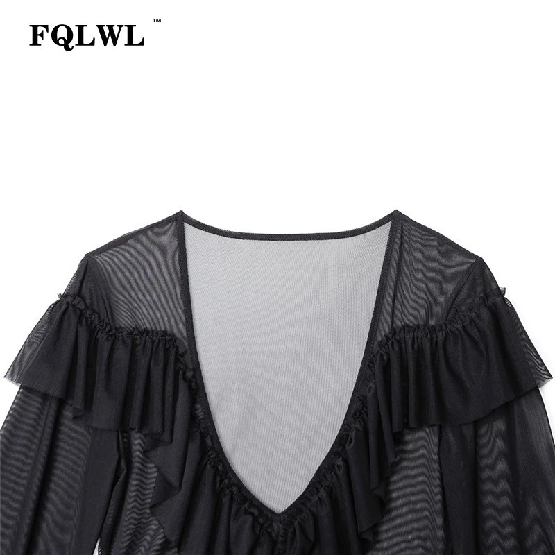 Женское прозрачное боди FQLWL черное облегающее с длинным рукавом и глубоким