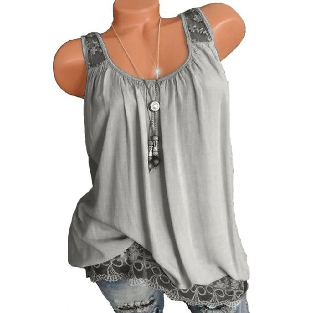 Блузка женская с круглым вырезом однотонный кружевной жилет без рукавов