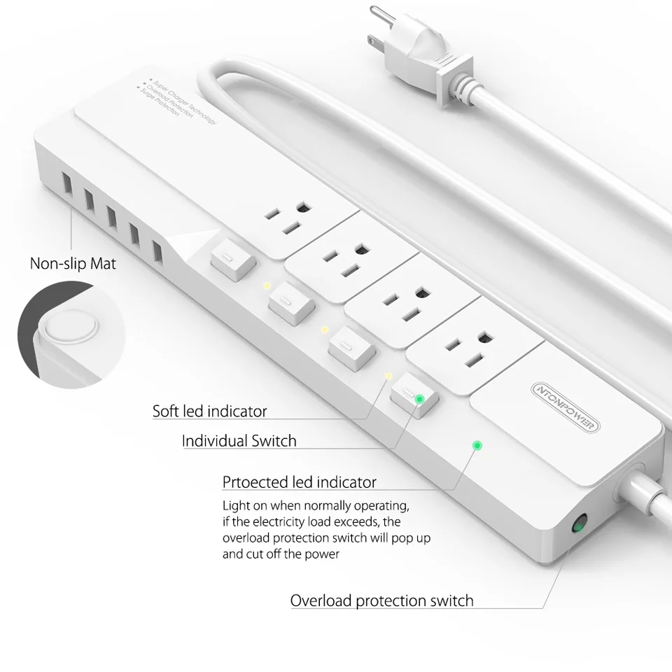 NTON power NSJ US Plug power Strip с USB зарядным устройством, защита от перенапряжения, 4 розетки переменного тока, индивидуальный выключатель, управляемый 5 usb-зарядными портами