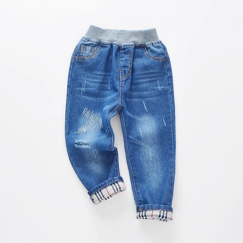 Повседневные штаны рваные джинсы для мальчиков детская одежда синие джинсовые в