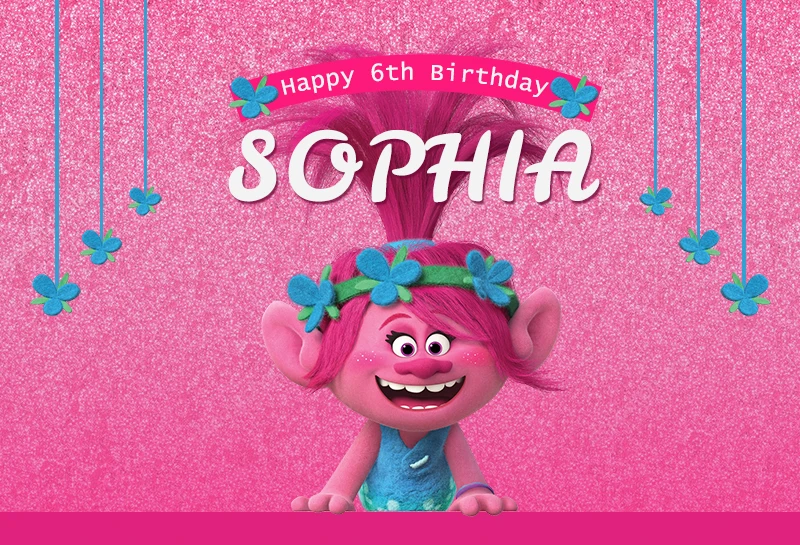 7x5ft виниловый розовый тема троллей мультфильм фотосессия дети первый день