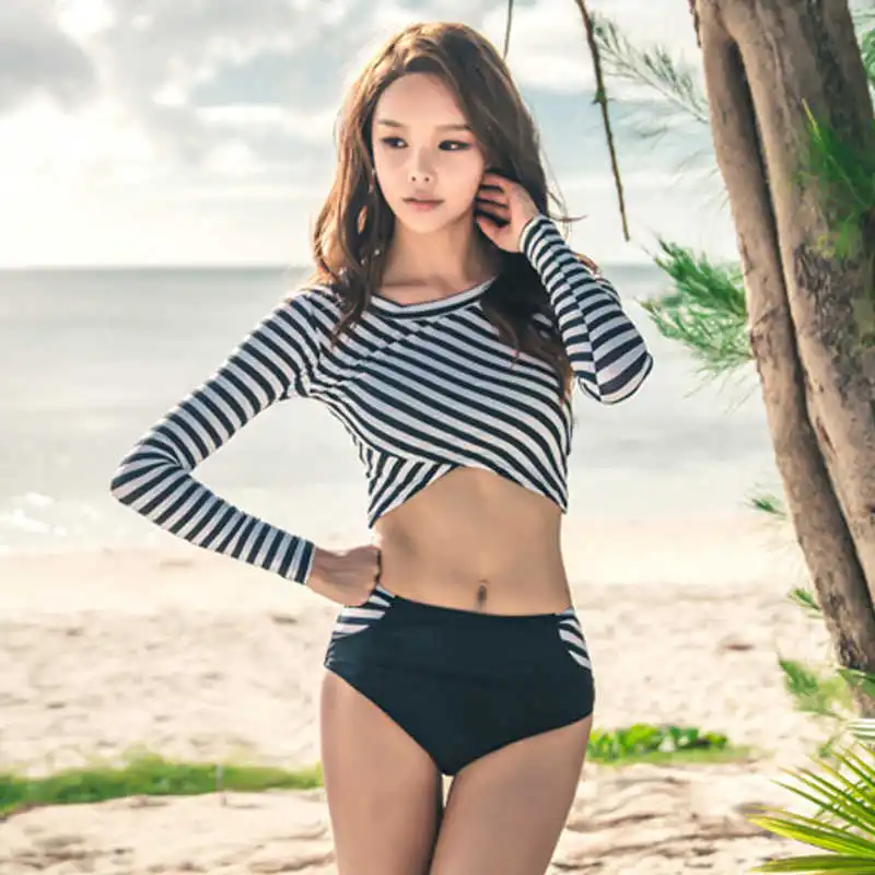 Высокая шея Rash Guard 2019 Для женщин купальник из двух частей Одежда с длинным рукавом