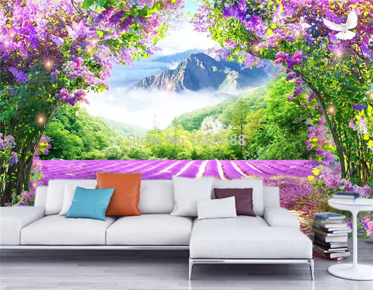 Фото обои 3D Лаванда цветок лоза Арка природа пейзаж Фреска пасторальный стиль настенная живопись Гостиная Свадебный дом Декор