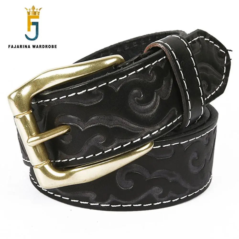 FAJARINA Fashion Flower Pattern Cow Skin Leather Belt Mens Retro Brass Clasp Buckle Cowhide Men's Black Belts for Men N17FJ535