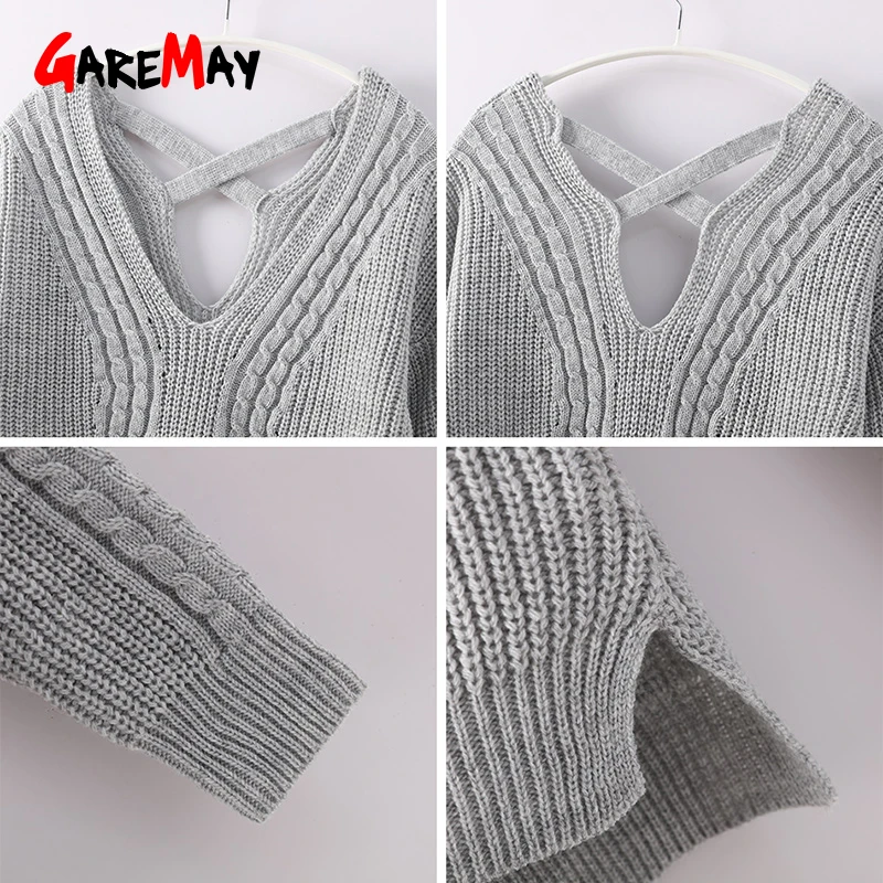 Autumn Sweaters For Women Off Shoulder Sweater Backless Winter Warm Womens V Neck Pink Ladies Pullover Long Sleeves | Женская одежда
