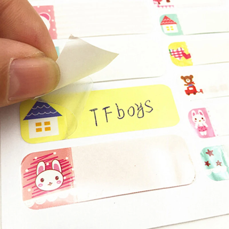 Pegatinas autoadhesivas de dibujos animados para estudiantes, pegatinas impermeables de PVC con nombre de Kawaii, 2 hojas por lote-4