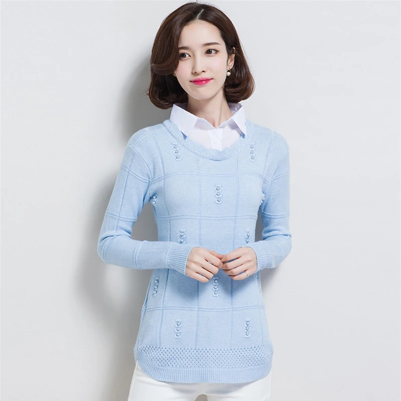 2019 Autumn New Shirt Sweater Women Long Sleeve Fashion Beading Knitted Sweaters And Pullovers Casual Female Jumper Tops R758 | Женская