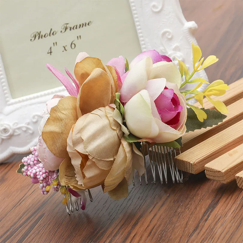 Haimeikang ткань розовый гребень для волос ручной работы Свадебный гребень для волос для невесты цветок головной убор пляжные свадебные аксессуары для волос для женщин - Цвет: 23