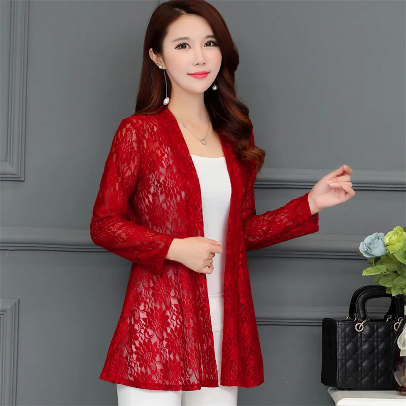 Женский длинный кардиган средней длины тонкий с цветочным принтом кружевной