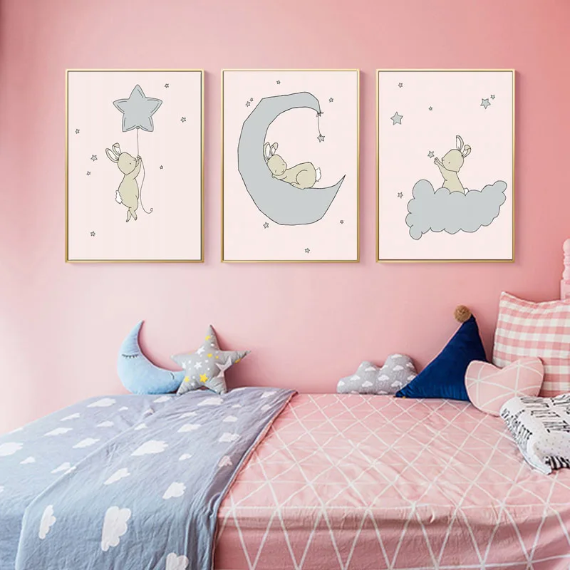 Pink and Gray Poster Bunny Nursery Art Prints Canvas Painting Girls Bedroom Decorative Pictures Kids Wall Decor | Дом и сад