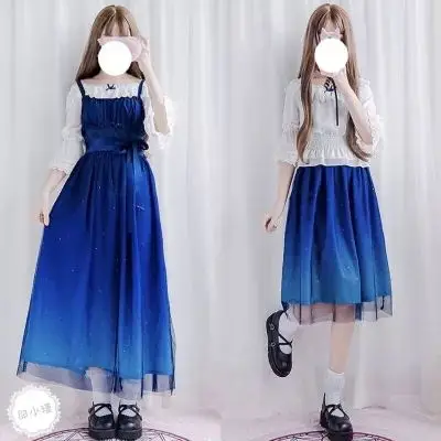 Женское винтажное платье комбинация Осеннее синее звездное градиентное