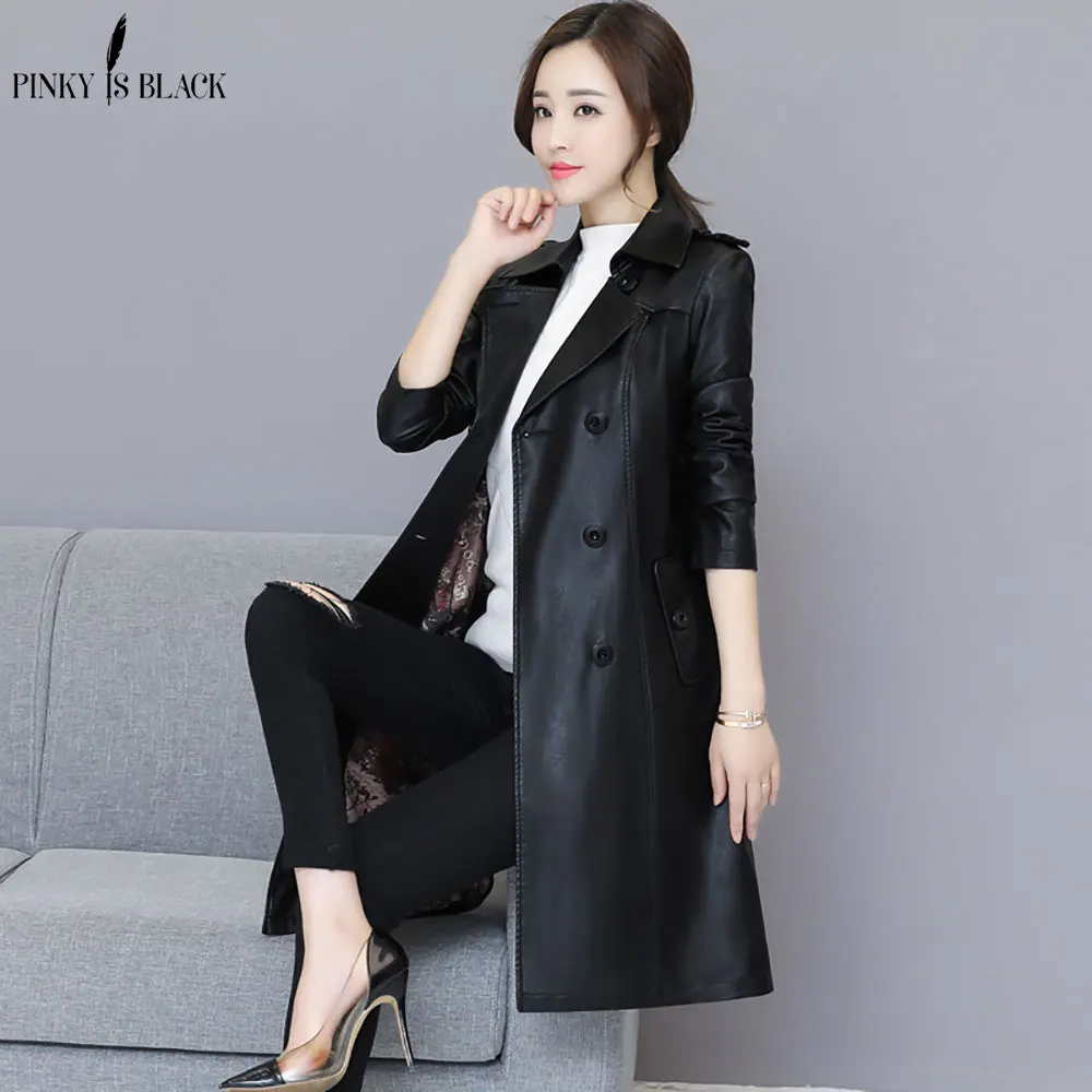 PinkyIsblack 2022 New Spring Women Long Leather Jacket Slim Belt Motorcycle PU Leather Long Jacket Coat Leather Trench