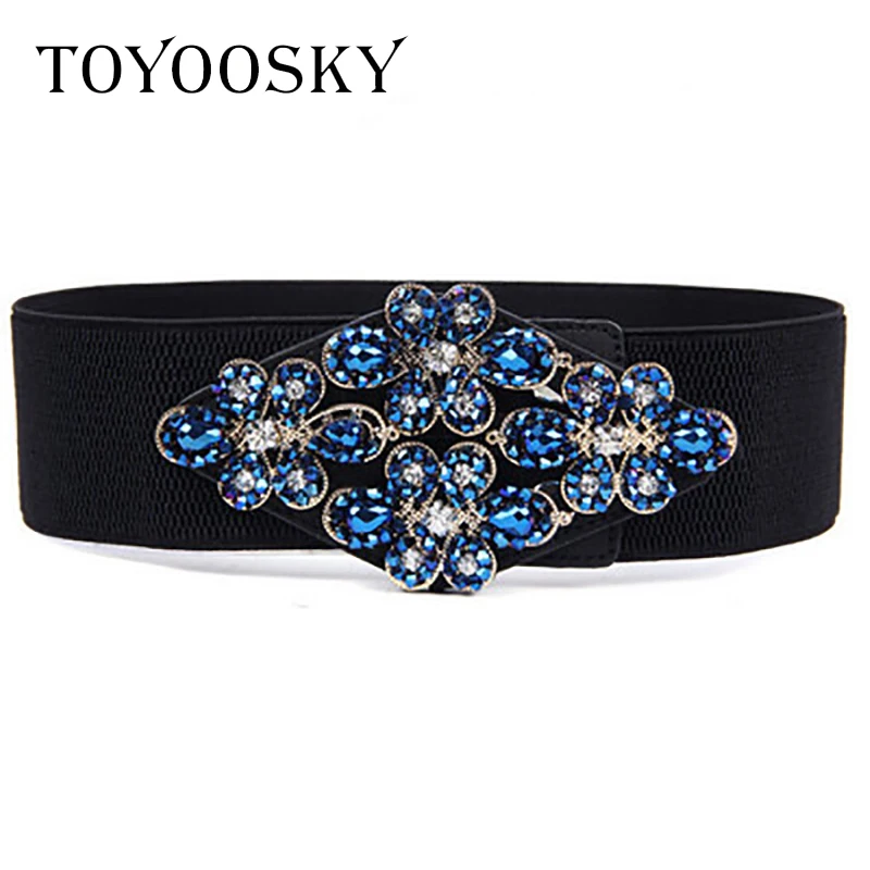 

TOYOOSKY 2018 New Arrival Women Wide Belt Crystal Rhinestone Flower Waistband for Women For Dress Elastic PU Leather Belt
