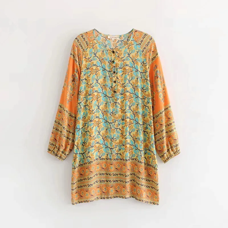 Новые короткие Boho платье 2018 печати с длинным рукавом v-образным вырезом Платья