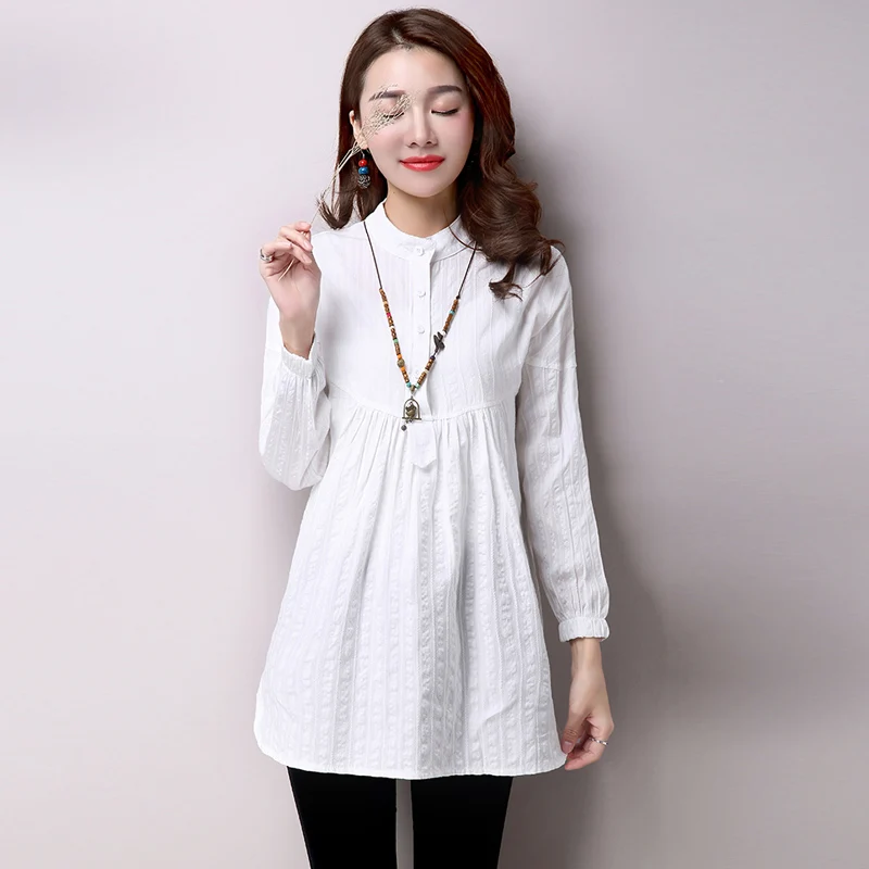 Oversize Blouse Women  New In Fashion Lady Long Sleeve Stand Collar Dobby Linen Cotton Tops Female Vintage Long White Shirts