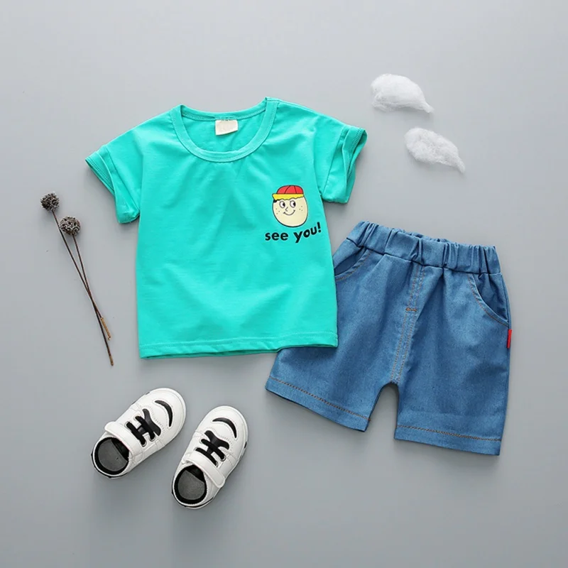 New Summer Baby Boys Short Sleeve Cotton Cartoon Letter Print Tops Blouse T-shirt+Shorts Casual Outfits Sets |
