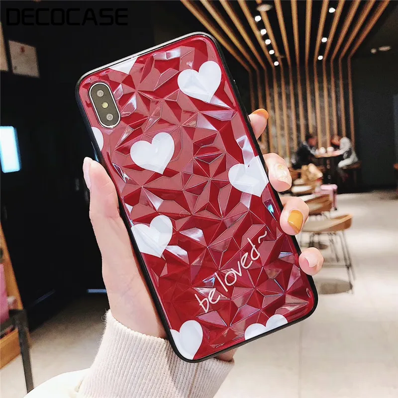 DECOCASE Summer Cute Heart Red White Silicone 3D Rhumbos Women Girls Phone Case for iPhone 6 6s 7 8 Plus X XR XS Max Mobile |