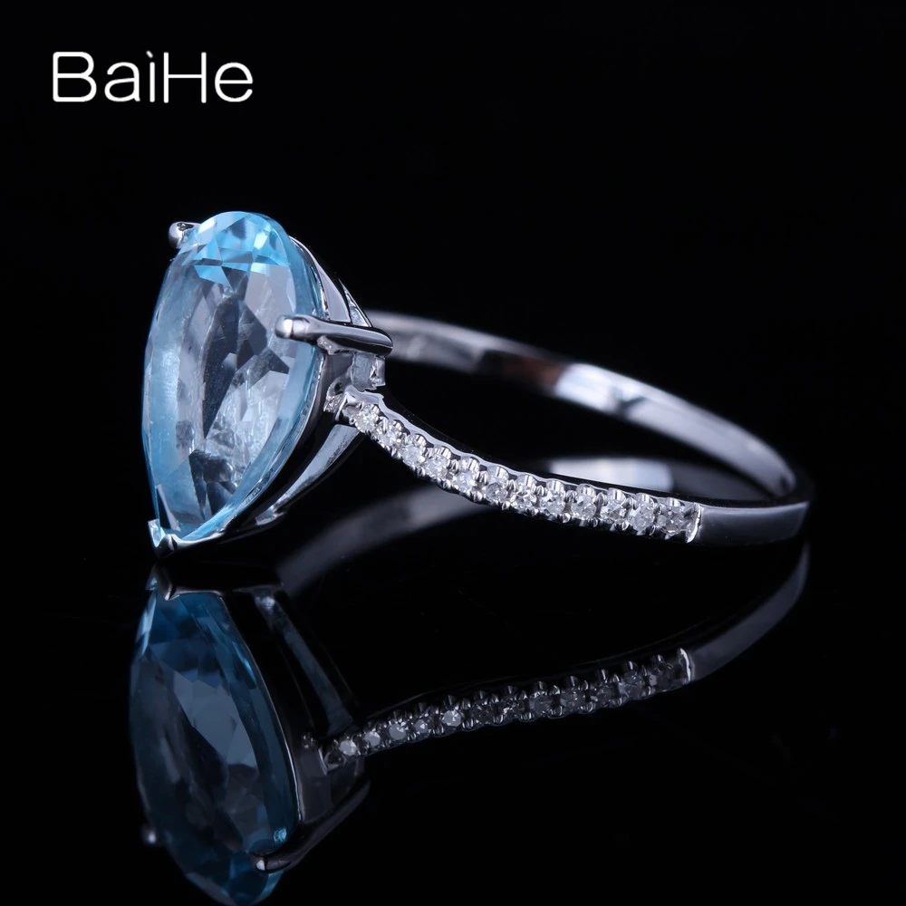 BAIHE Solid 14K белое золото 3.13CT груша безупречный настоящий голубой топаз подарок на