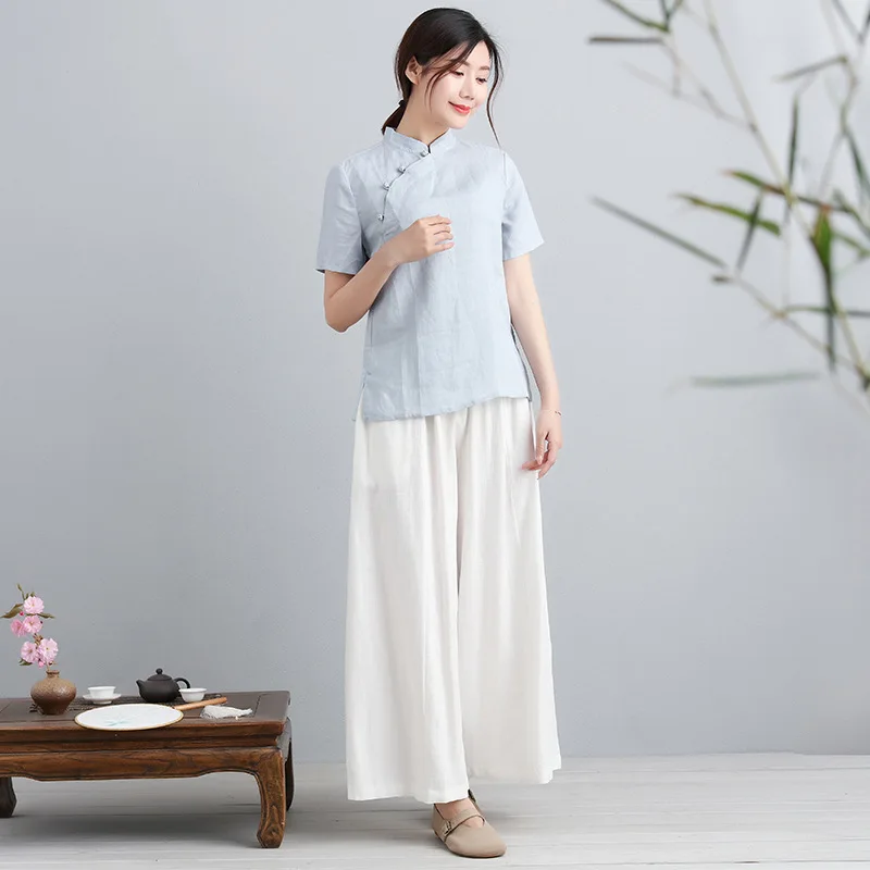 Летняя футболка с коротким рукавом тонкая хлопковая льняная одежда Ramie Zen чайная