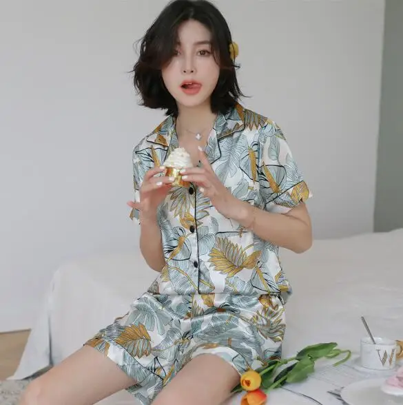 Женская атласная пижама с коротким рукавом летняя Пижама модным принтом