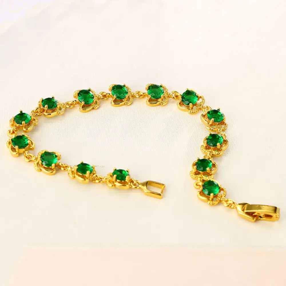 Green Zirconia Paved Bracelet Sparkling Jewelry Yellow Gold Filled Girls Womens Wrist Chain Gift | Украшения и аксессуары