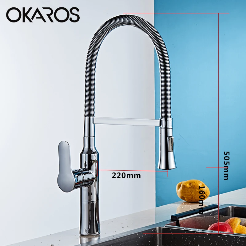 Выдвижной кухонный смеситель OKAROS хромированный двойной распылитель насадка