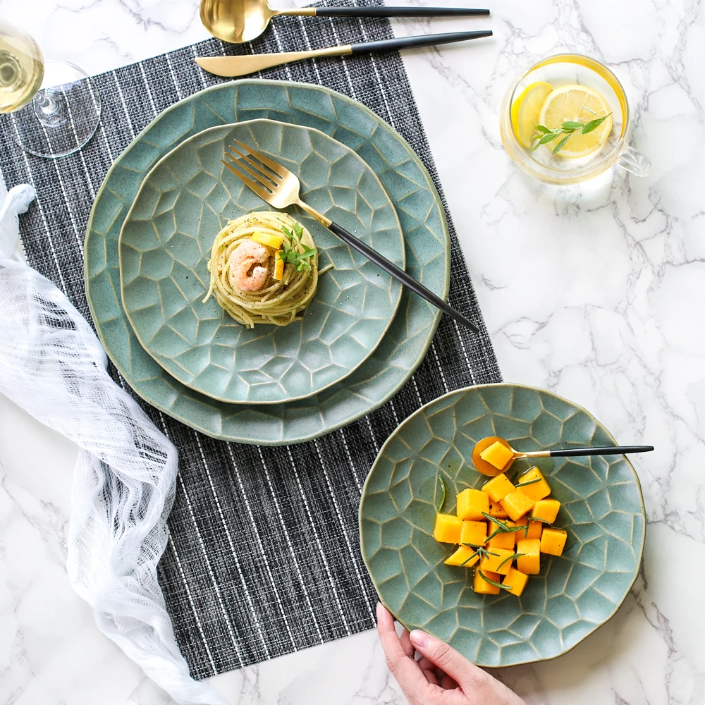 Керамические обеденные тарелки 8 дюймов зеленая золотая клетчатая посуда