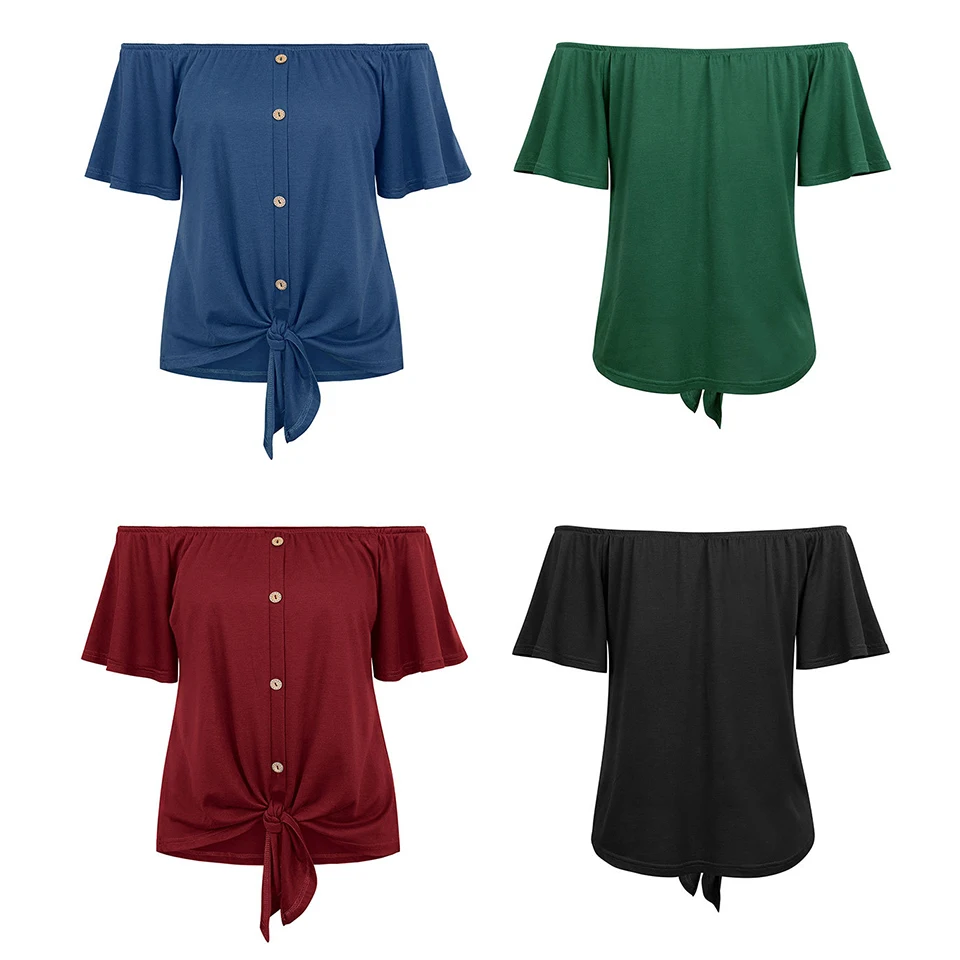 Открытыми Плечами Футболка Майка Женщина Короткий Рукав Украшения Декор Кнопка