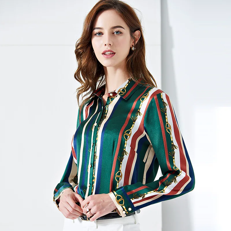 100% Mulberry Silk Shirt/Satin Blouses/Shirt Woman Long Sleeve/Slim Stripe Summer Ladies Tops/Personalized Printed Women's Shirt |
