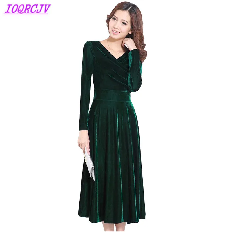 

Plus Size 5XL Dress Gold Velvet for Women 2018 Spring long-sleeved dress pullover elegant female Slim Long dresses IOQRCJV H346