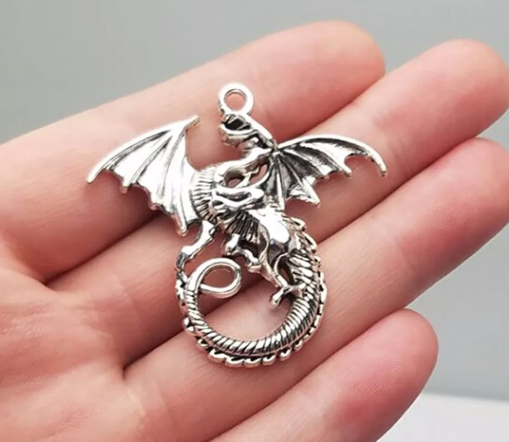 

5pcs/Lot--43x46mm Antique Silver Plated Winged Mythology Charms Dragon Pendants For Diy Supplies Jewelry Making Accessories