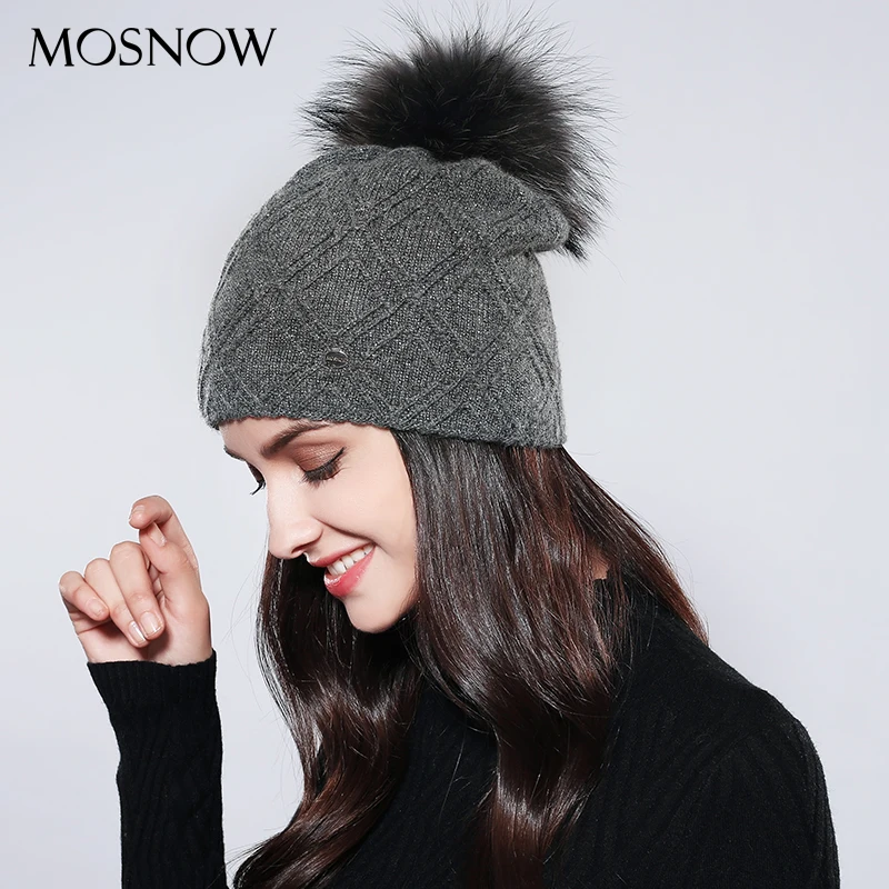 Женская Шапка бини Vogue помпон из меха енота кроличья шерсть ромбовидная Мода 2019