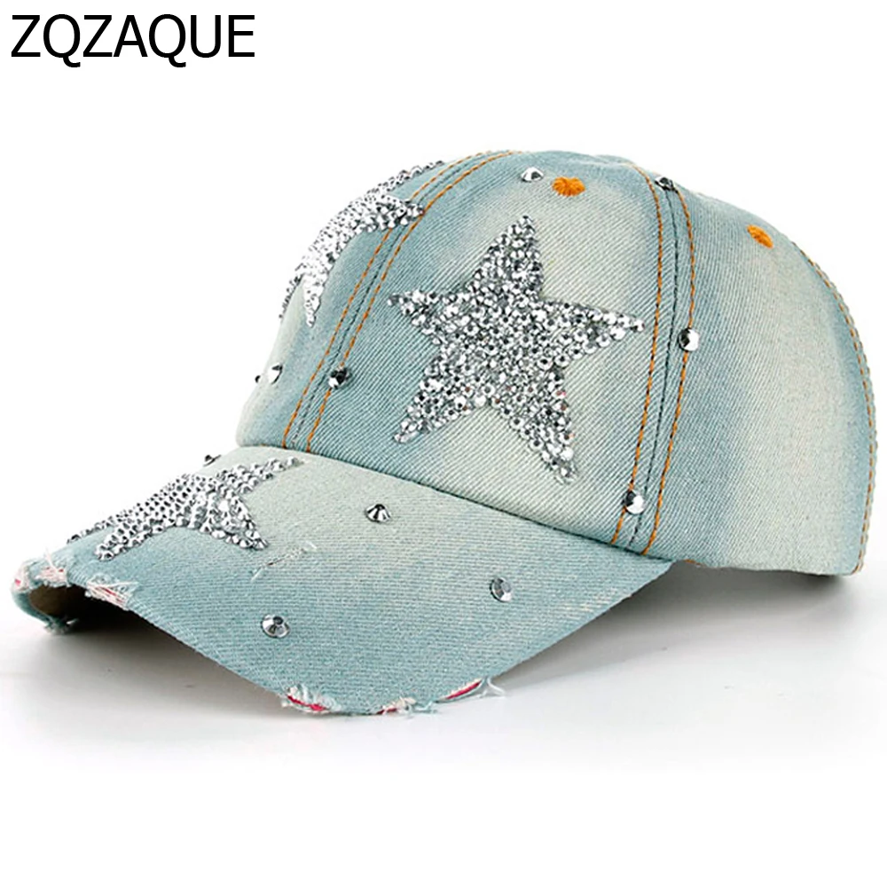 

100% Manural Drill Five-pointed Star Decorated Caps Women's Rhinestone Denim Baseball Caps Casual Girls' Summer Nice Hats SY577