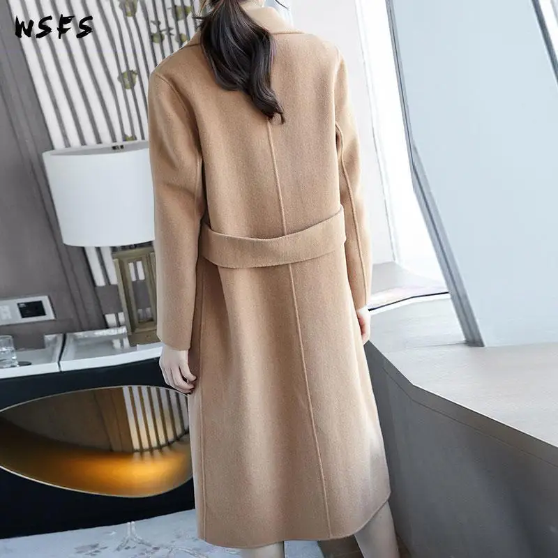 

Winter Coat Beige Camel Turndown Long Sheep Wool Cashmere Coats Women Bodycon Elegant Woolen Overcoat Abrigos Mujer Invierno