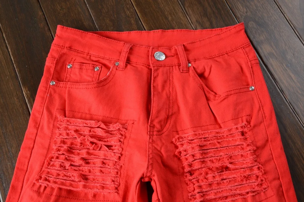 Мужские модные красные белые черные рваные плиссированные байкерские джинсы с