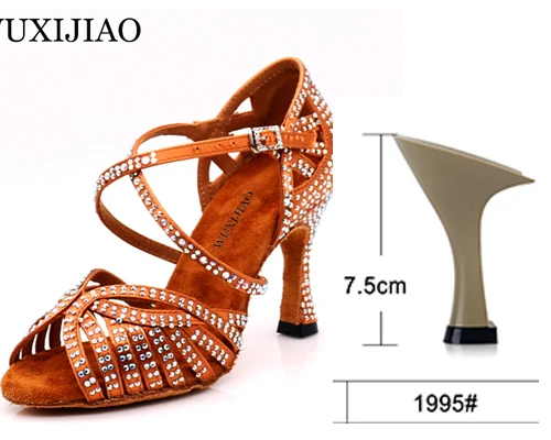 bronze heel 7.5cm WUXIJIAO Танцевальная обувь джаз обувь для латинских танцев для женщин сальса латинские туфли для девочек бальные туфли для латинских танцев черная бронзовая кожа Curban Heel - Цвет: bronze heel 7.5cm