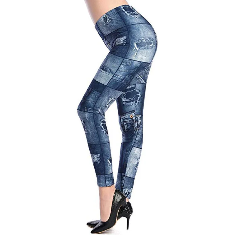 Hole Denim Blue CHSDCSI Fashion Jeggings For Women Printing Leggings Push Up Pants Flower Printed High Waist Legging Sexy Gym Fitness Leggin - Цвет: Hole Denim Blue
